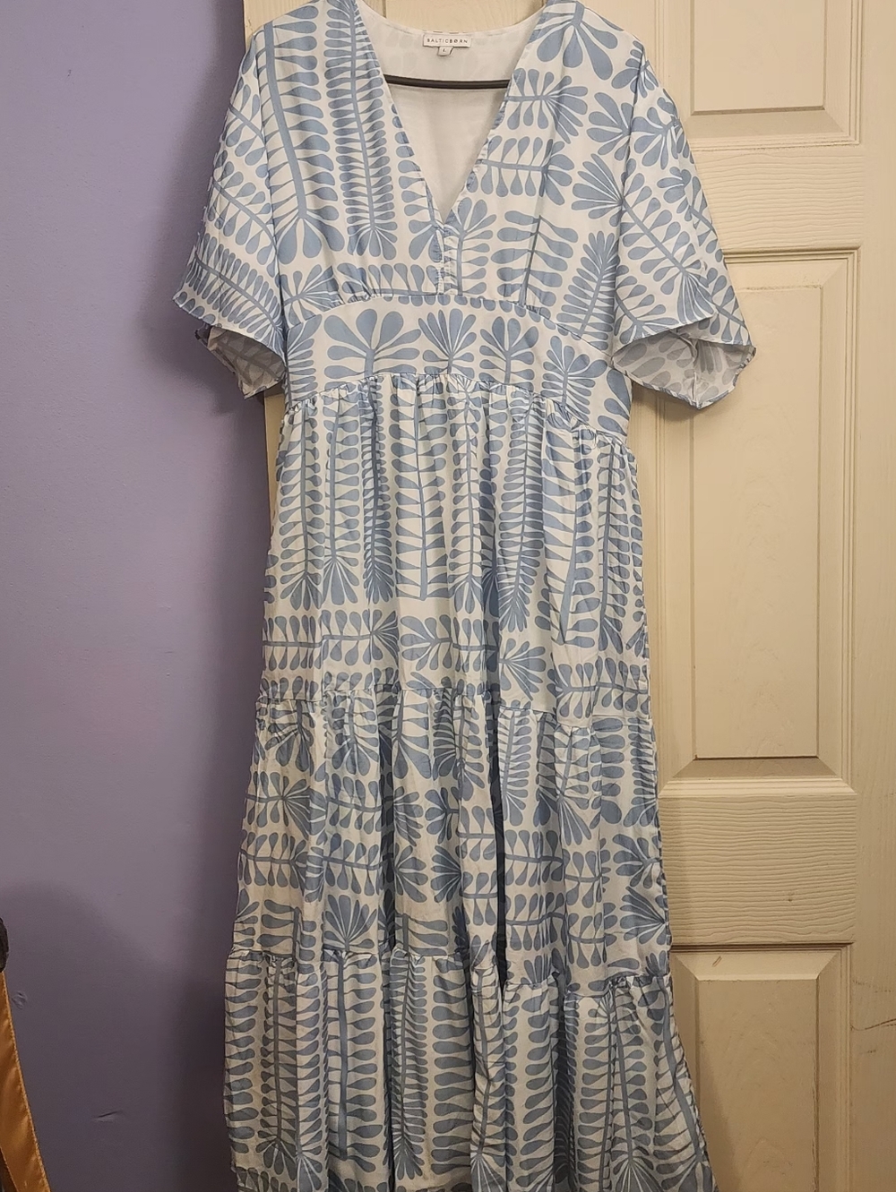 Light Blue & White V-Neck Tiered Maxi Dress by Baltic Born